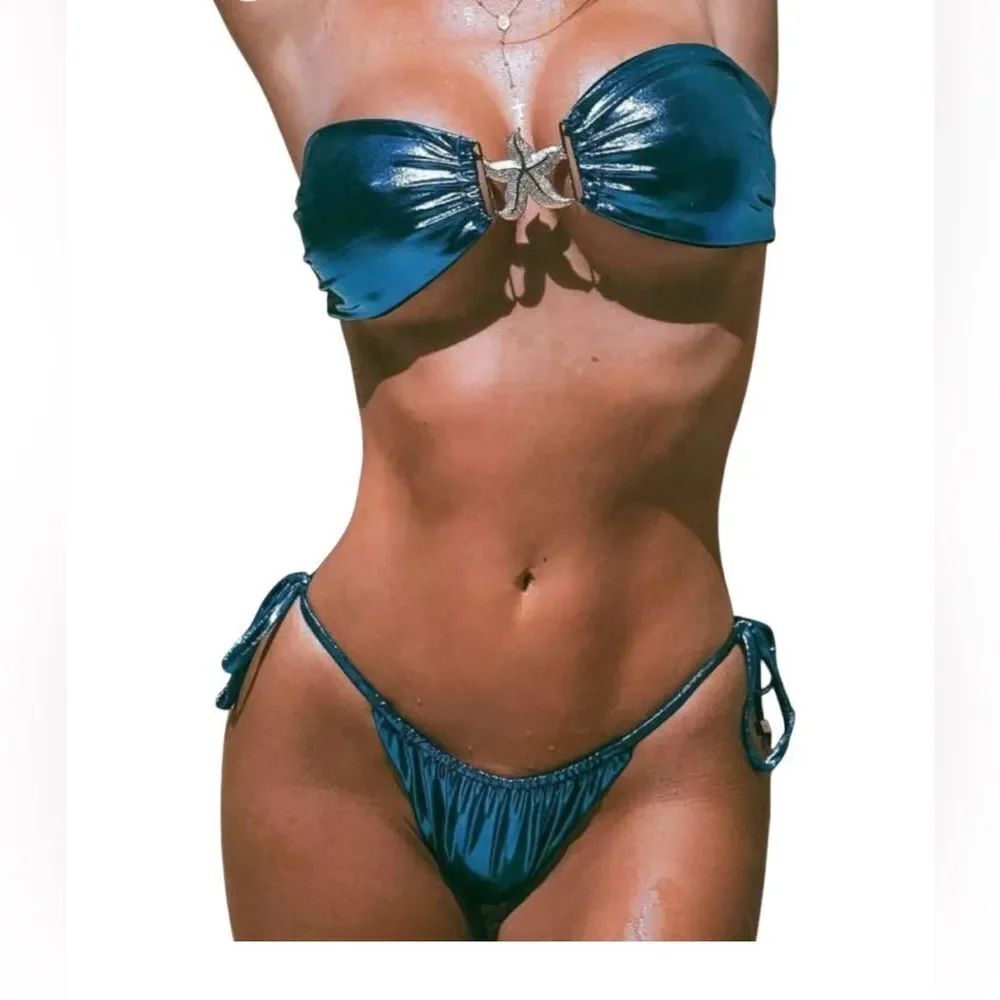 Fashion Nova Metallic Teal Strapless Bikini Set NWT